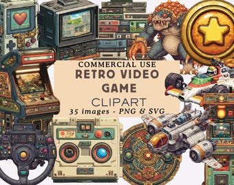 Retro Video Game Clipart Bundle: 90s Arcade Graphics (PNG, SVG)