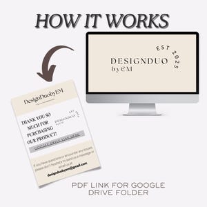 Peut inclure: Graphique num&eacute;rique montrant un &eacute;cran d'ordinateur affichant le texte "DESIGNDUO by EM" et un document avec le texte "MERCI BEAUCOUP D'AVOIR ACHET&Eacute; NOTRE PRODUIT !" et "LIEN PDF POUR LE DOSSIER GOOGLE DRIVE".
