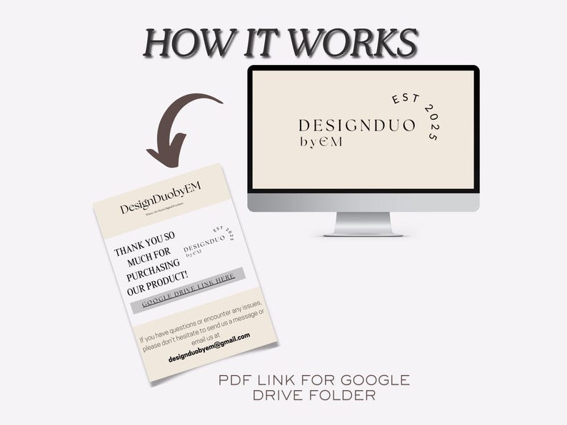 Peut inclure: Graphique num&eacute;rique montrant un &eacute;cran d'ordinateur affichant le texte "DESIGNDUO by EM" et un document avec le texte "MERCI BEAUCOUP D'AVOIR ACHET&Eacute; NOTRE PRODUIT !" et "LIEN PDF POUR LE DOSSIER GOOGLE DRIVE".