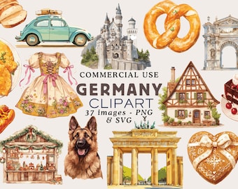 May include: Watercolor illustrations of German culture, including a vintage car, a traditional dress, a castle, pretzels, a house, a German Shepherd, and the Brandenburg Gate. The text reads "COMMERCIAL USE GERMANY CLIPART".