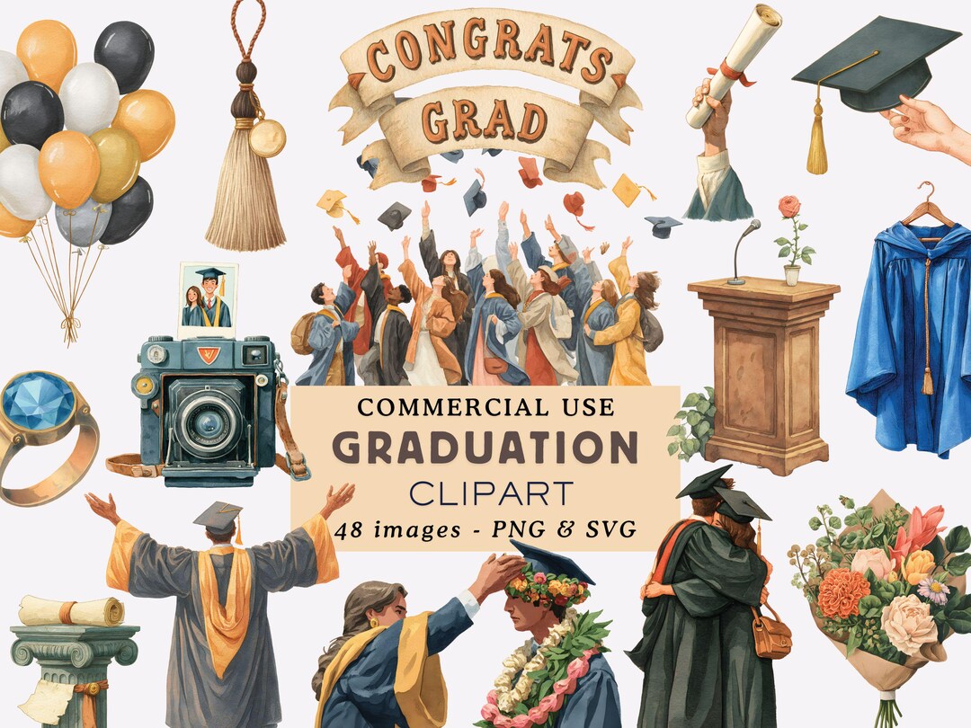 Graduation Clipart Bundle Graduation Ceremony Illustrations Caps Gowns ...