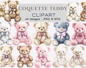 Coquette Teddy Bear Clipart Teddy Clipart Bear with Bow Clipart Teddy Bear Nursery Decor Watercolor baby shower clipart Teddy Bear PNG Bear