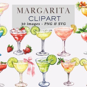 Pode incluir: Um conjunto de 30 ilustrações de aquarela de coquetéis margarita. As ilustrações apresentam várias cores, guarnições e estilos de borda. O texto "MARGARITA CLIPART 30 images - PNG & SVG" está incluído na imagem.