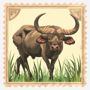Pu&ograve; includere: Illustrazione di un francobollo in stile vintage con un bufalo marrone con grandi corna ricurve, in piedi nell'erba verde. Il francobollo ha uno sfondo color crema e un bordo decorativo. La parola "GIANT" &egrave; visibile.