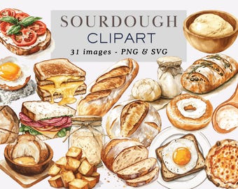 May include: Watercolor illustration of various sourdough bread items, including sandwiches, toast with toppings, and loaves. The image also includes a wooden bowl of dough, a jar, and the text "SOURDOUGH CLIPART".