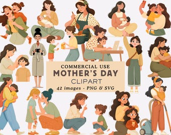 Mother's Day Clipart Bundle Mom & Child Portrait Illustration Mom Clipart Designs Love Mom Art Digital Download Commercial Use