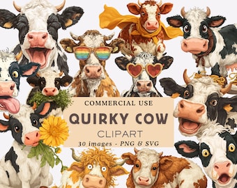Quirky Cow Clipart Bundle Funny Cow Silly Illustration Crazy Cow Face PNG Junk Journal Digital Download Funny Cartoon Design