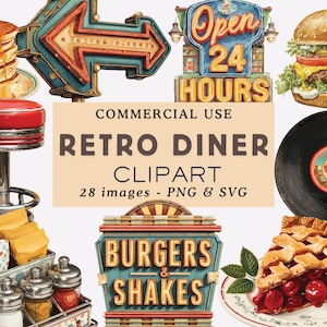 Puede incluir: Una colección de imágenes prediseñadas con temática de restaurante retro. Incluye una pila de panqueques, un letrero de flecha vintage, un taburete de restaurante, una hamburguesa, un disco de vinilo, una porción de pastel de cerezas y letreros que dicen "Open 24 Hours" y "Burgers & Shakes".
