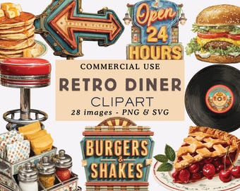 Pakiet clipartów Retro Diner, grafiki kawiarni z lat 50. (PNG, SVG)