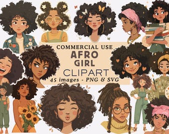 Schwarzes Mädchen Clipart PNG SVG Bundle: Afro Fashion Grafik (Digitaler Download)
