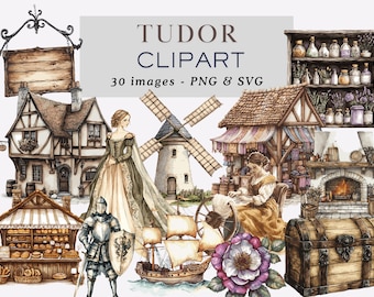 May include: A collection of 30 watercolour illustrations depicting Tudor-era life. The images include a windmill, a ship, a knight, a woman in a dress, a bakery, a shop, a fireplace, a chest, and a sign. The illustrations are in a vintage style and are perfect for scrapbooking, card making, and other craft projects.