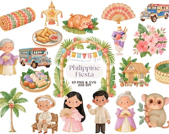 Watercolor Philippine Fiesta Culture Cliparts Bundle Filipino Festival PNG Folk Dancers Foods and Decorations Graphics Digital Download