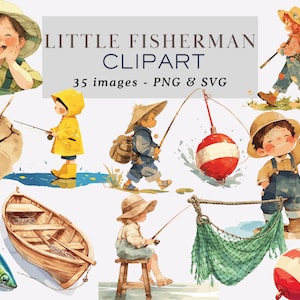 Little Fisherman Clipart Fishing Clipart Fishing Clipart Kids Fishing Clipart Watercolor Little Boy Fishing PNG Baby Shower Commercial Use