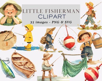 Little Fisherman Clipart Fishing Clipart Fishing Clipart Kids Fishing Clipart Watercolor Little Boy Fishing PNG Baby Shower Commercial Use