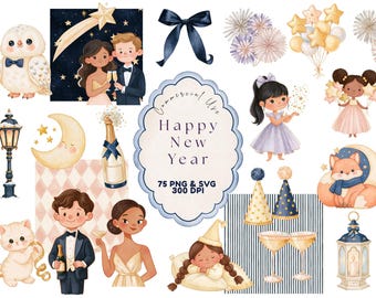 Watercolor New Year Clipart Bundle Cute Midnight Magic Countdown Graphics Champagne & Firework Clipart for Holiday Party Digital Download