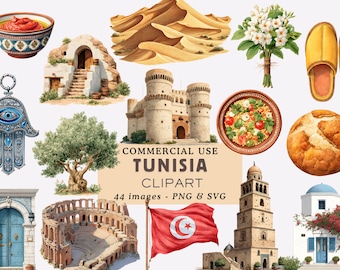 Pacchetto di clipart sulla Tunisia: case della Tunisia, illustrazioni, Nord Africa, viaggi, vacanze, grafica, uso commerciale, junk journal.