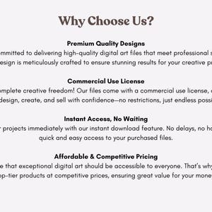 Peut inclure: Graphique d'art num&eacute;rique avec le texte "Why Choose Us?" en marron. Le texte d&eacute;crit des designs de qualit&eacute; sup&eacute;rieure, une licence d'utilisation commerciale, un acc&egrave;s instantan&eacute; et des prix abordables.