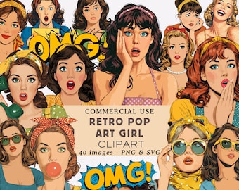 Retro Pop Art Girls Clipart Comic Vector Style PNG Paper Craft Junk Journal Scrapbooking Retro Comic Style Pop Art