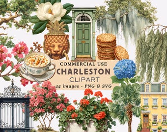 Charleston Clipart Bundle South Carolina Travel Icons Culture and Symbols Cobblestone Illustrations Scrapbooking Commercial Use