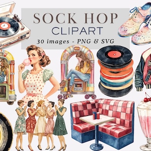 Op de afbeelding: Waterverfillustraties met retro-thema's, waaronder een platenspeler, jukeboxen, vinylplaten, een soda, een eethoek en een collegejas. De tekst "SOCK HOP CLIPART" is zichtbaar.