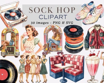 Sock Hop Clipart PNG 50s Clipart 50s Retro Clipart Bundle 1950s Clipart Retro Diner Png Fifties Dance Clipart Jukebox Clipart Commercial Use