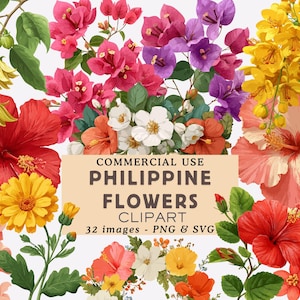 Può includere: Una vivace clipart floreale con una varietà di fiori filippini nei toni del rosso, rosa, viola, giallo e bianco. L'immagine include ibisco, bouganville e altri fiori tropicali. Il testo recita "COMMERCIAL USE PHILIPPINE FLOWERS CLIPART 32 images - PNG & SVG."