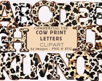 May include: A selection of cow print letters in different fonts. The letters feature a mix of black, white, and brown cowhide patterns. The image includes the text "COMMERCIAL USE COW PRINT LETTERS CLIPART 34 images - PNG & SVG."
