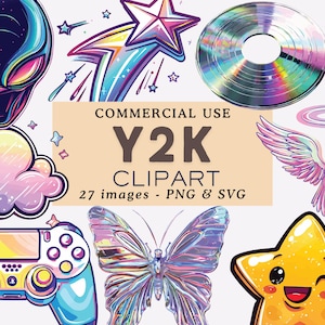 May include: A collection of Y2K-themed clipart images in vibrant colours. The set includes an alien, a shooting star, a CD, angel wings, a games controller, a butterfly, and a winking star. Text reads "COMMERCIAL USE Y2K CLIPART".