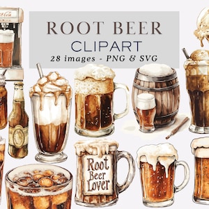 以下が含まれることがあります： ルートビアフロート、ルートビアマグ、ルートビアグラス、ルートビアバレル、ルートビアアイスクリームコーンなど、水彩画で描かれた28のクリップアートイラストのデジタルセットです。画像には「Root Beer」と「Clipart」のテキストが掲載されています。「28 images - PNG & SVG」のテキストも画像に掲載されています。