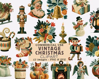Watercolor Vintage Christmas Clipart Bundle Retro Santa Graphics Nostalgic Christmas Illustrations Holidays PNG Commercial Use Junk Journal