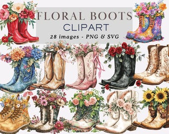 May include: Watercolor clipart featuring various floral boots. The boots are in different styles and colors, including red, blue, black, and brown. Each boot is adorned with a vibrant arrangement of flowers, creating a whimsical and artistic design. The text "FLORAL BOOTS CLIPART" is at the top.