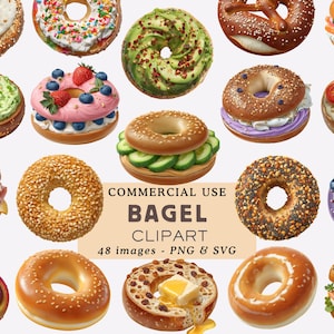 May include: A collection of various bagels with different toppings and fillings. The bagels include sesame, everything, and plain varieties, with toppings like avocado, cream cheese, and fruit. The image also includes text that says "COMMERCIAL USE BAGEL CLIPART 48 images - PNG & SVG."