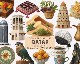 Qatar Clipart Bundle Holiday Vacation PNG Doha Landmarks Food & Culture Graphics Middle East Travel Junk Journal Scrapbooking