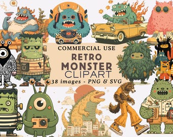 Retro Halloween Monster Clipart PNG Bundle: Vintage Spooky Graphics (SVG & PNG Files)