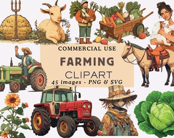 Vintage Farming Clipart Bundle: Traktor, Scheune, Bauernmarkt (PNG, SVG, kommerzielle Nutzung)