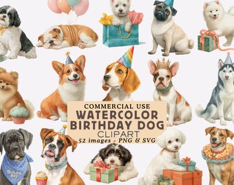 Watercolor Dog Birthday Clipart Bundle Dog Pawty Celebration Illustrations Festive Puppy Graphics Commercial Use Junk Journal Party Invite