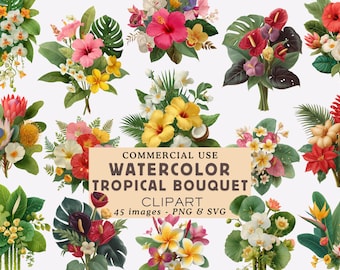 Watercolor Tropical Bouquet Clipart Bundle Summer Flower Illustrations Palm Leaves and Hibiscus Graphics Commercial Use Junk Journal