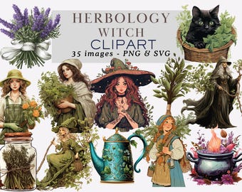 Watercolor Herbology Witch Clipart PNG Gothic Witch Clipart Png Witch PNG Herbal Apothecary Green Witch PNG Halloween Clipart Commercial Use