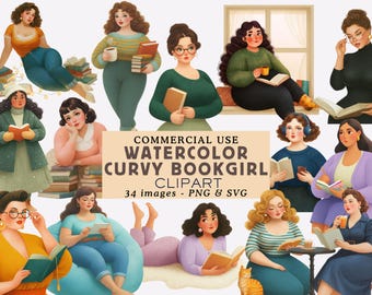 Watercolor Curvy Bookgirl Clipart Bundle Cozy Plus-Size Women Illustrations Feminine Book Lover Graphics Commercial Use Junk Journal