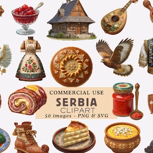 Puede incluir: Una colección de imágenes prediseñadas con temática serbia que incluye una cruz de madera, un cuenco de frutos rojos, una casa rústica, un instrumento de cuerda, una cuchara de madera con crema, un emblema de águila bicéfala, un vestido floral, un pan redondo, un águila, un chaleco, un huevo, un rollo de carne, un frasco de salsa roja, un casco, rollos de col, una bota, un trozo de pastel, un cuenco de gachas y una campana.