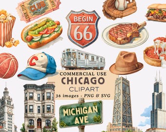 Chicago Clipart Bundle Illinois Landmarks Illustrations City Art Graphics Route 66 PNG Chicago City Digital Download Scrapbook Junk Journal