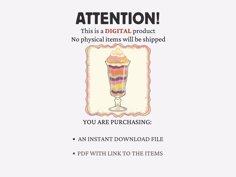 Pu&ograve; includere: Immagine di un prodotto digitale con il testo "ATTENZIONE! Questo &egrave; un prodotto DIGITALE. Nessun articolo fisico verr&agrave; spedito." L'immagine presenta un colorato parfait in un bicchiere alto, con strati di diversi colori e panna montata.