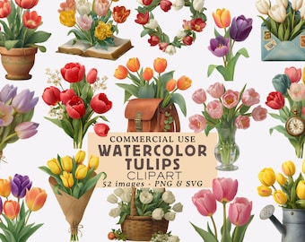 Watercolor Tulips Clipart Bundle Spring Flowers Illustrations Botanical Floral Graphics Collection Multicolored Tulips PNG Commercial Use