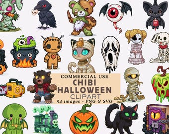 Chibi Halloween Clipart Bundle Horror Film Charaktere Illustration Niedlich Spooky Kinder Aufkleber Grafik Kommerzielle Nutzung Junk Journal