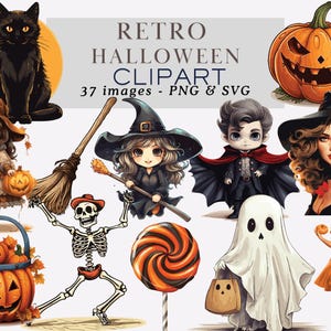 Retro Halloween Cliparts Vintage Halloween Cliparts niedlichen Halloween PNG Clipart für Scrapbooks Kürbis Clipart schwarze Katze Clipart Kommerzielle Nutzung