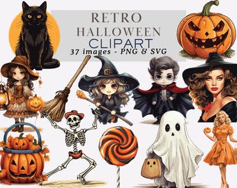 Retro Halloween Clipart Vintage Halloween Clipart Cute Halloween PNG Clipart for Scrapbooks Pumpkin Clipart Black Cat Clipart Commercial Use