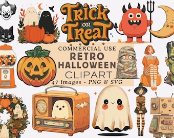 Lot de cliparts vintage Halloween : graphiques PNG rétro (téléchargement numérique)