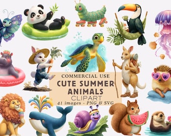 Cute Summer Animals Clipart Bundle Ocean Animals Vacation Illustrations Cartoon Summer Animals Graphics Commercial Use Junk Journal