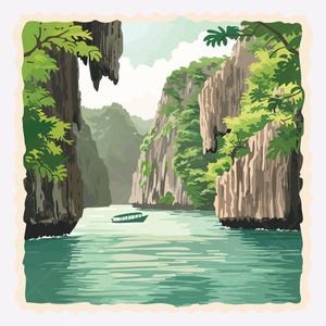 Pu&ograve; includere: Illustrazione di un paesaggio tropicale con un mare turchese e alte scogliere verdi. Una piccola barca galleggia sull'acqua. L'immagine, con un bordo beige chiaro, ricorda lo stile di una cartolina vintage.