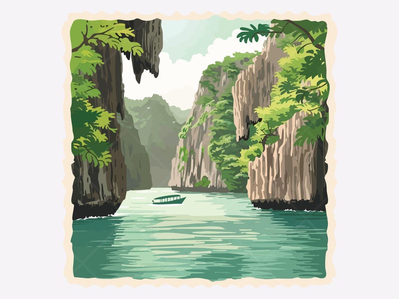 Pu&ograve; includere: Illustrazione di un paesaggio tropicale con un mare turchese e alte scogliere verdi. Una piccola barca galleggia sull'acqua. L'immagine, con un bordo beige chiaro, ricorda lo stile di una cartolina vintage.
